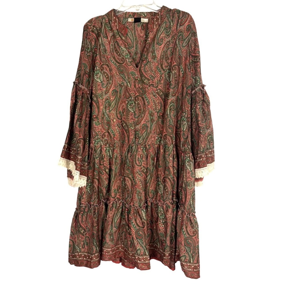 Blanco de Ibiza by Isabel‎ Tabares Paisley Boho Dress Small Metallic Gold Lace